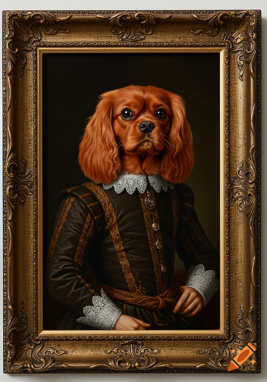 A realistic portrait of a Cavalier King Charles Spaniel in elaborate renaissance clothing, set in a gilded frame.