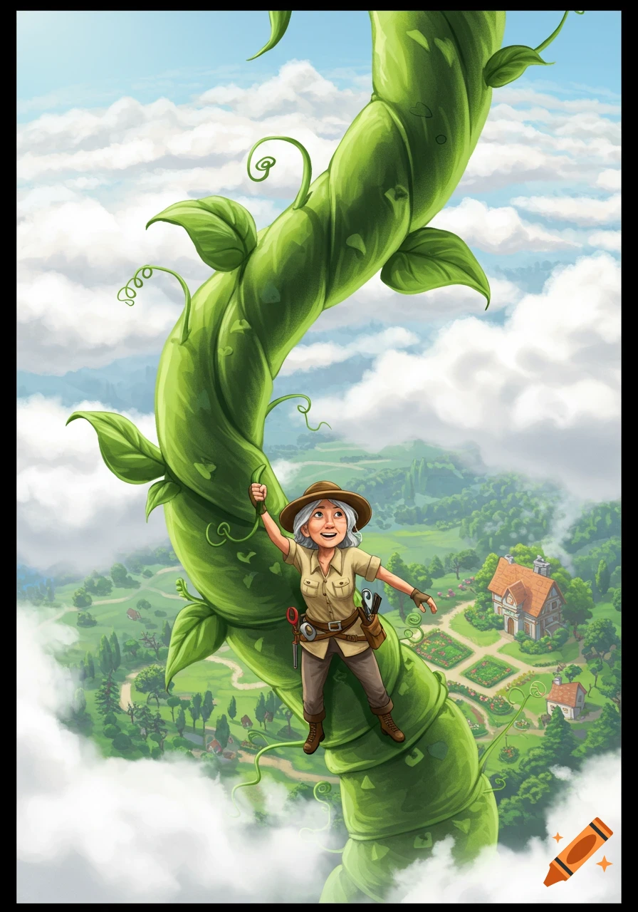 Illustrated silver-haired woman in safari gear climbing a giant beanstalk above clouds, with a small house and garden below.