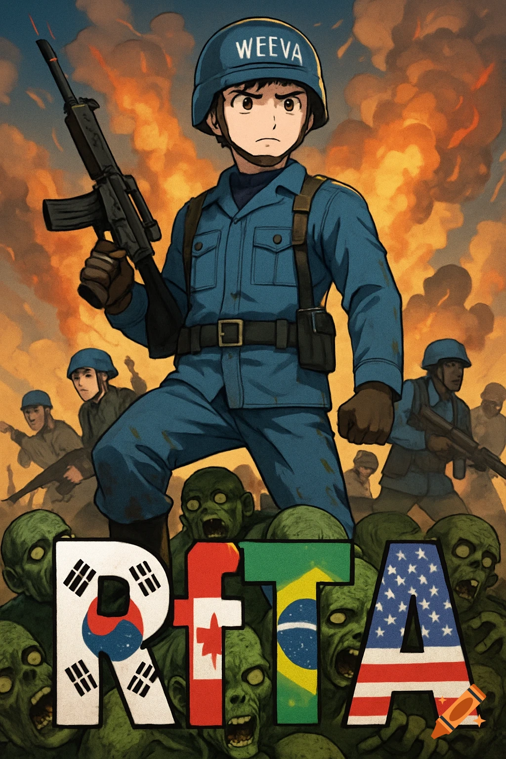 Anime soldier in blue uniform and 'WEEVA' helmet stands on green zombies, holding a rifle against a fiery background. The letters 'RfTA' are in the foreground, filled with the flags of South Korea, Canada, Brazil, and the USA.