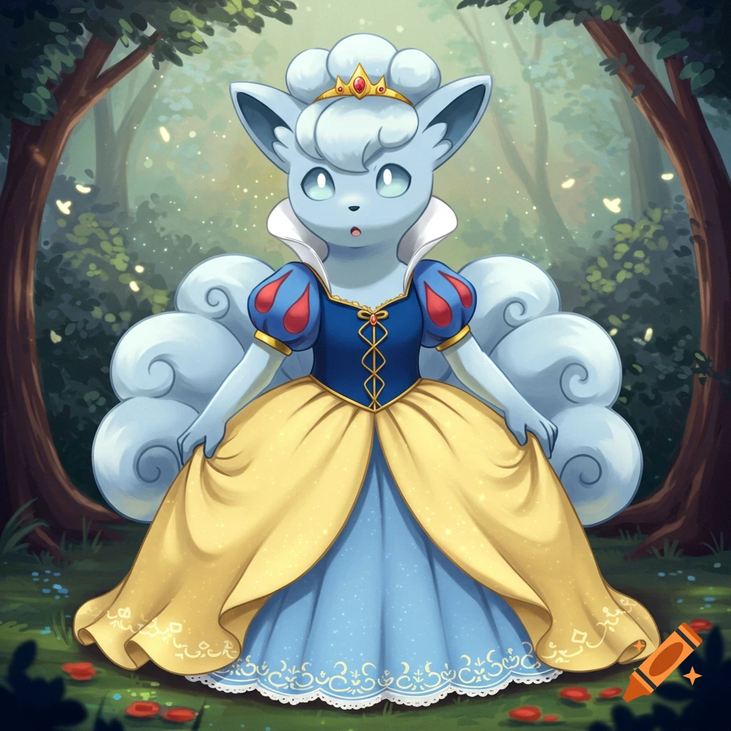 Alolan Vulpix wearing Snow White's gown and a crown in a magical forest.