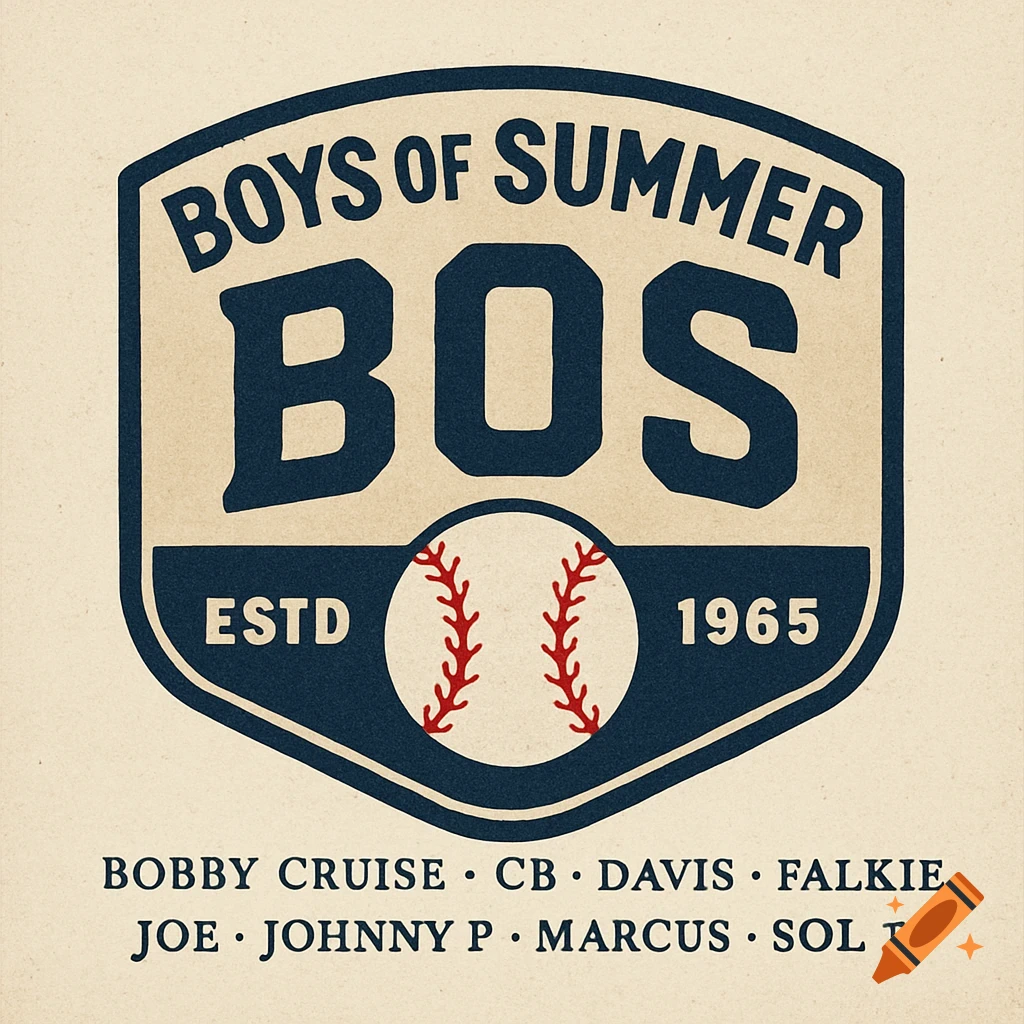 A vintage-style baseball logo for "Boys of Summer (BOS)" established 1965, featuring a shield, bold text, a baseball, and names in navy blue and beige.