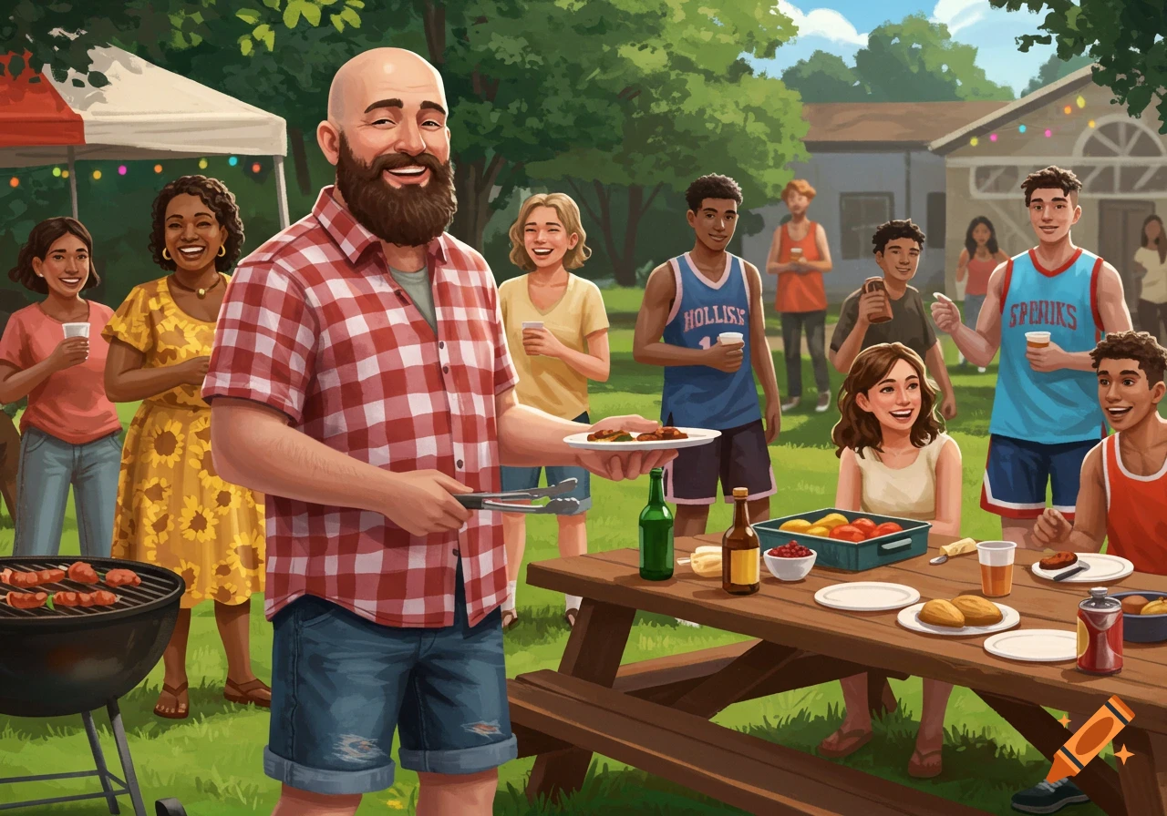 A diverse group of people enjoying a sunny outdoor cookout, with a bearded man holding grilled food in the foreground.