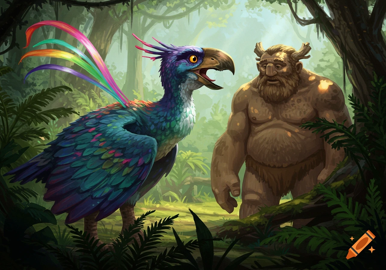 A vibrant rainbow-feathered bird stands opposite a large, horned giant in a lush jungle scene.