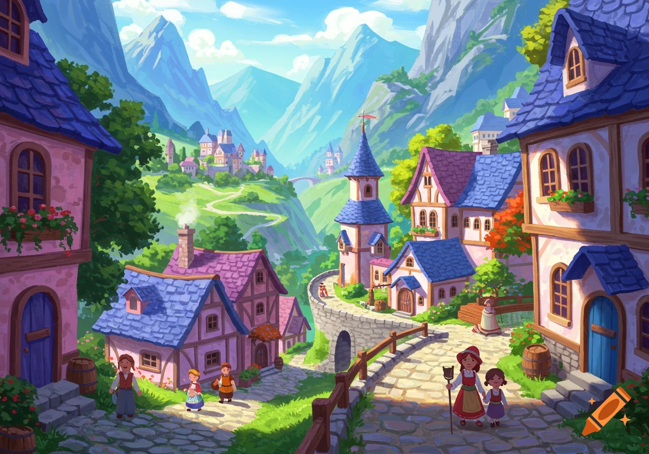 A vibrant cartoon-style fantasy village scene with colorful houses and winding paths nestled in a valley among mountains, with small figures.