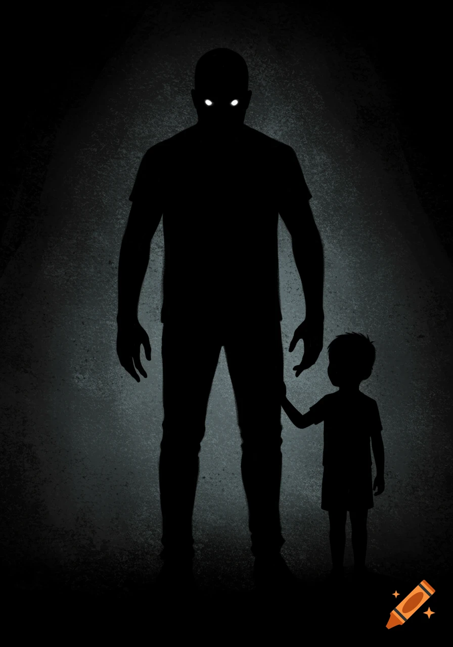 A dark silhouette of an adult with glowing eyes holding the hand of a child silhouette against a textured background.