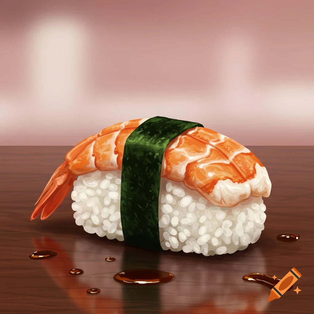 A stylized illustration of a single shrimp nigiri sushi on a wooden surface with soy sauce drips.
