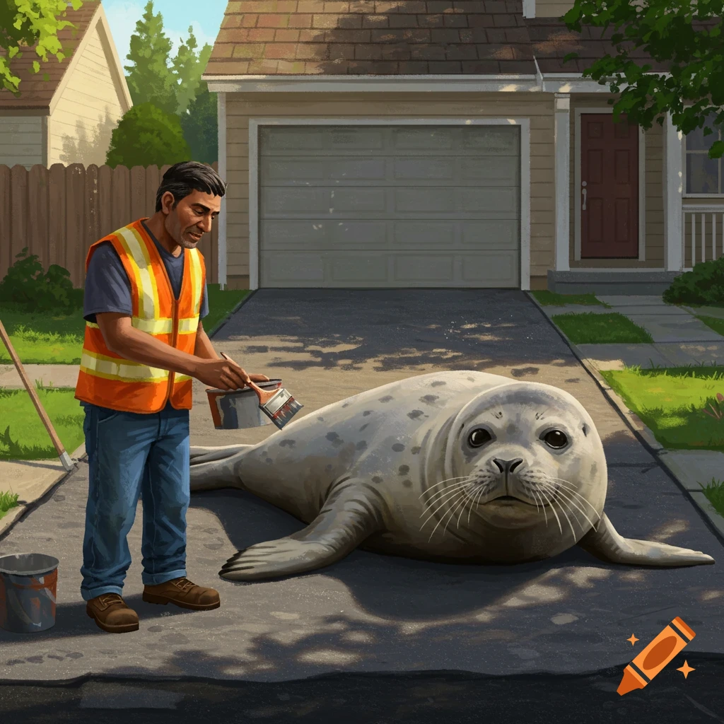 A construction worker paints a seal lying on the driveway in front of a suburban house.