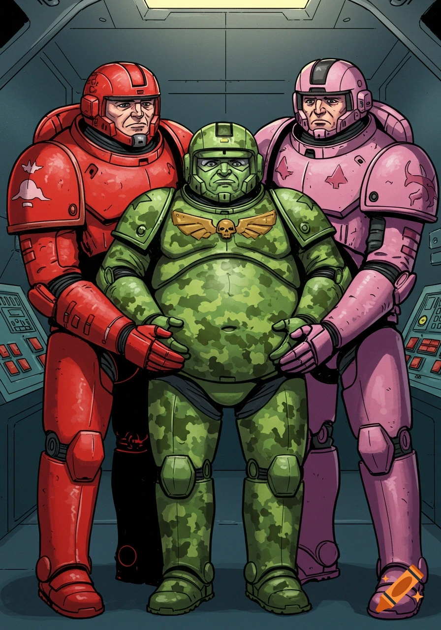 A red space marine and a pink space marine stand on either side of a green camouflage space marine, placing their hands on his large belly in a comic book art style.