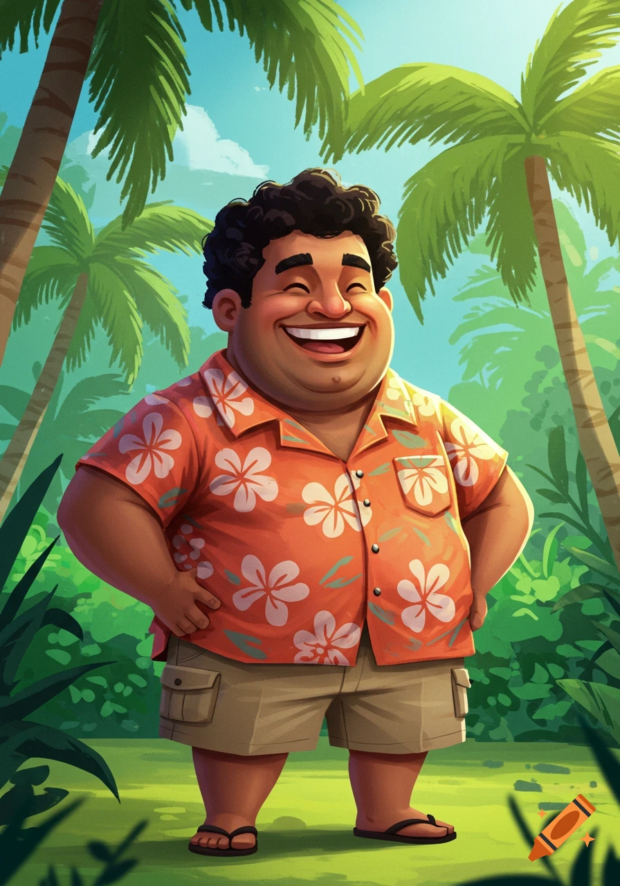A cheerful, chubby man in a Hawaiian shirt and shorts stands in a lush tropical setting with palm trees.