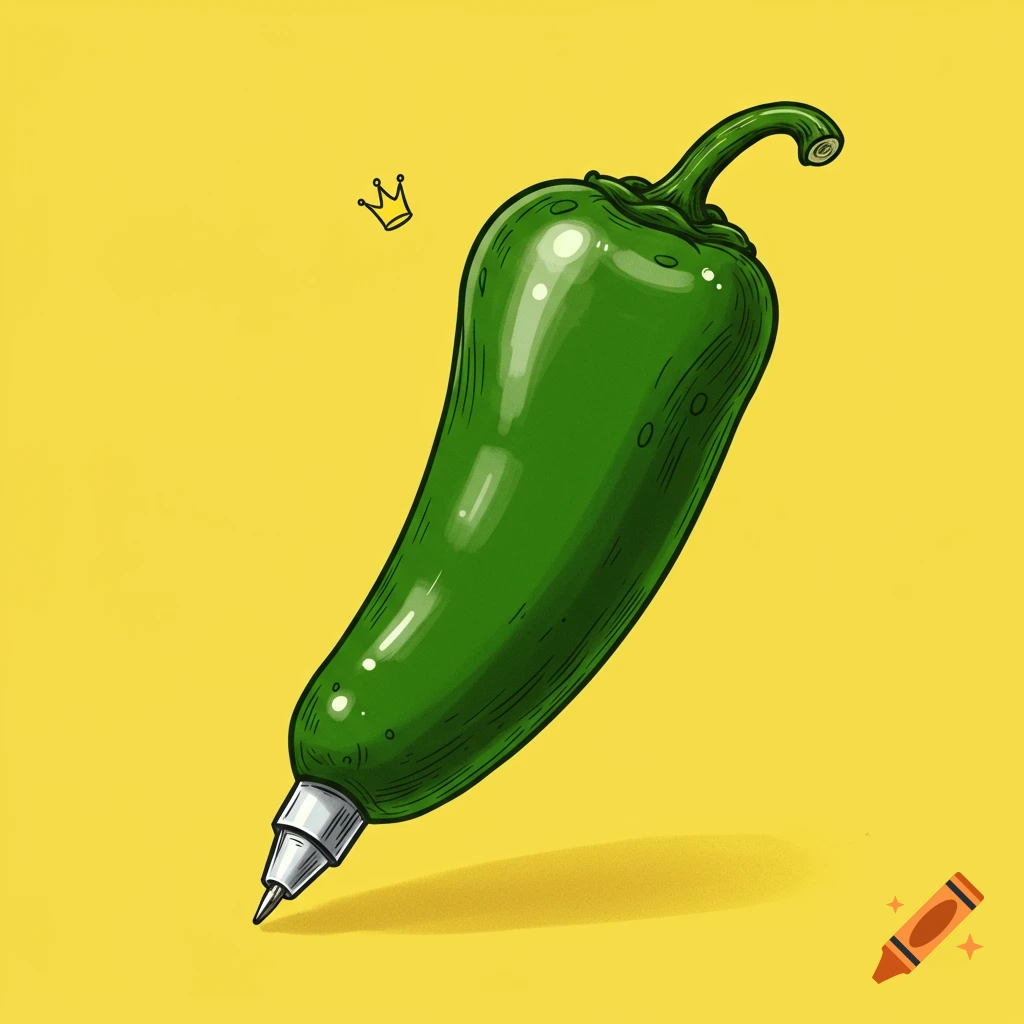 An illustration of a green jalapeño pepper with a pen nib at its tip, casting a shadow on a yellow background, with a small crown floating above.
