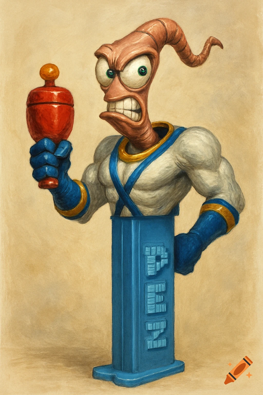 Earthworm Jim, looking angry, emerging from a blue PEZ dispenser base and holding a red PEZ candy topper. Digital illustration.