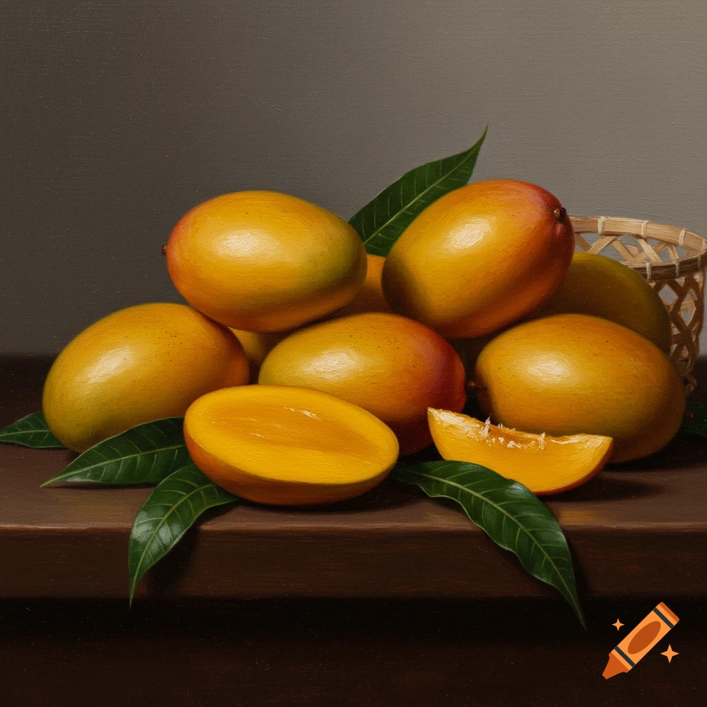 A still life painting of a pile of ripe mangoes, some with green leaves, and one cut open, on a dark wooden table with a light background.