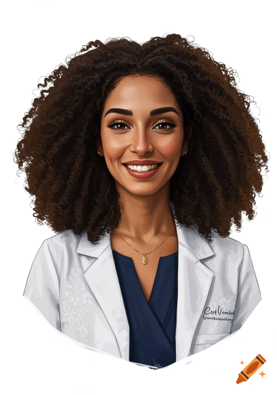 A smiling female doctor with curly hair, wearing a white lab coat over a blue scrub top, in a digital illustration style.