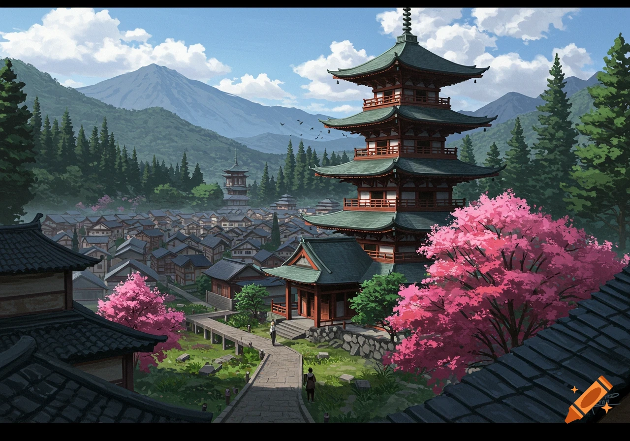 A vibrant Japanese village with pagodas, surrounded by mountains and forests, with pink cherry blossom trees in the foreground.