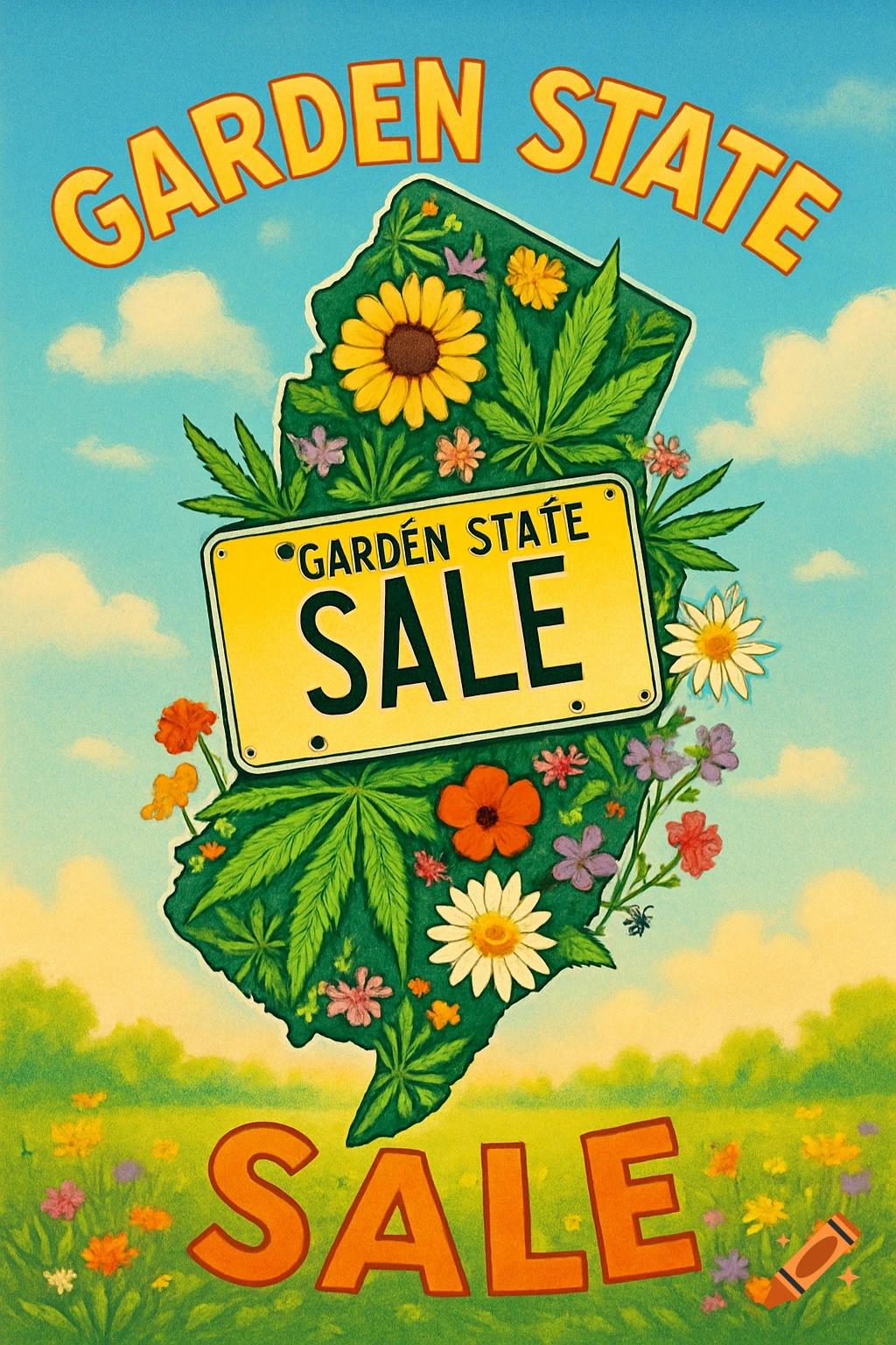 A vibrant illustration of the state of New Jersey filled with cannabis leaves and flowers, a license plate reading 'SALE', and 'GARDEN STATE' text above. Another 'SALE' is at the bottom, all set against a blue sky and green field.