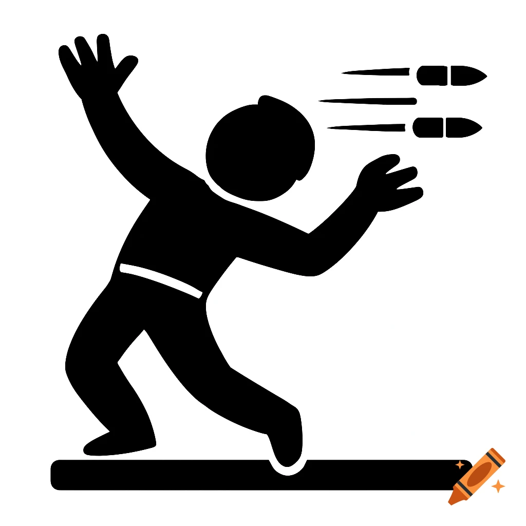 Black silhouette icon of a person dodging two bullets flying past their head.