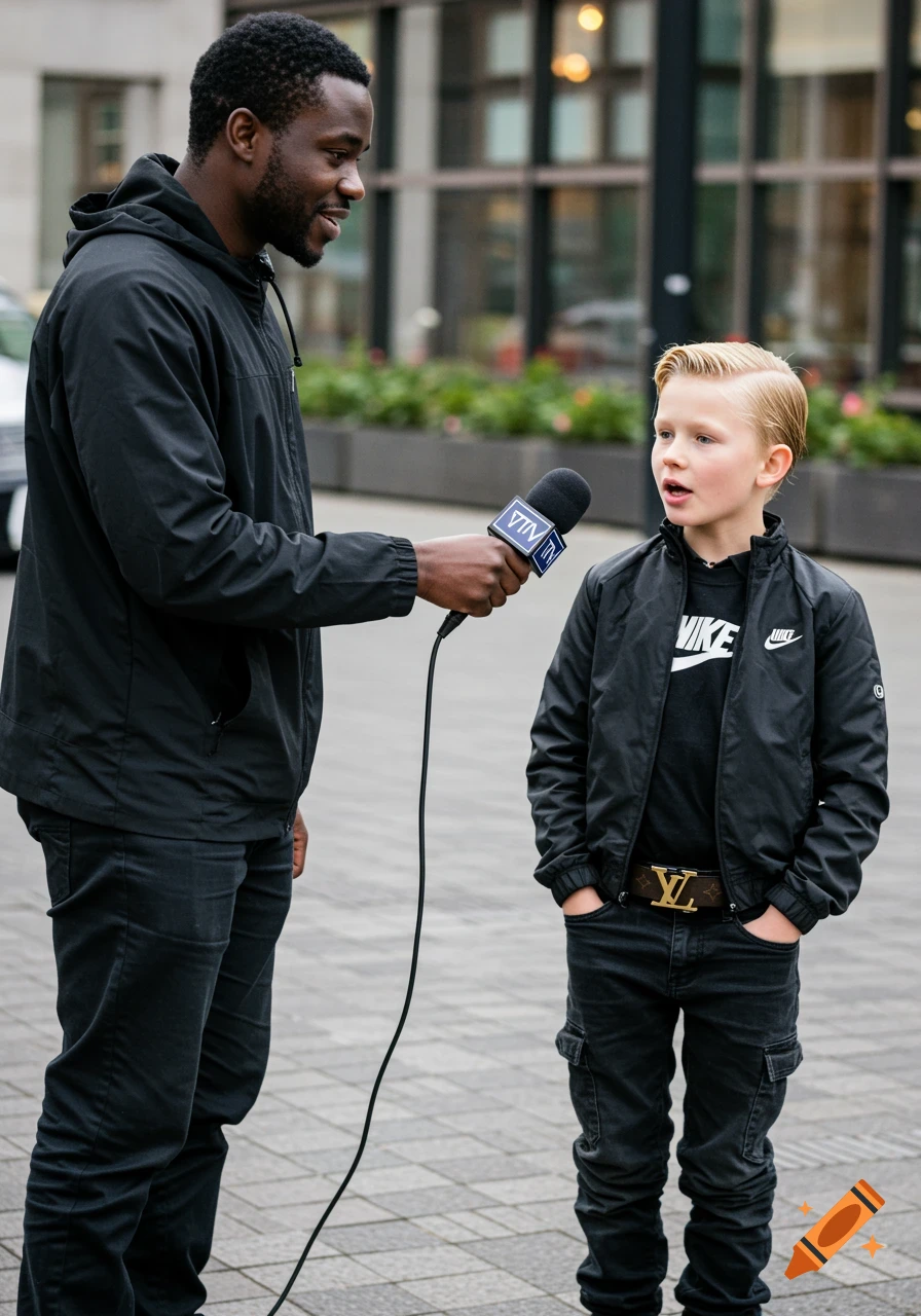 An African man interviews a blonde boy wearing a black Nike jacket and LV belt on a city street.