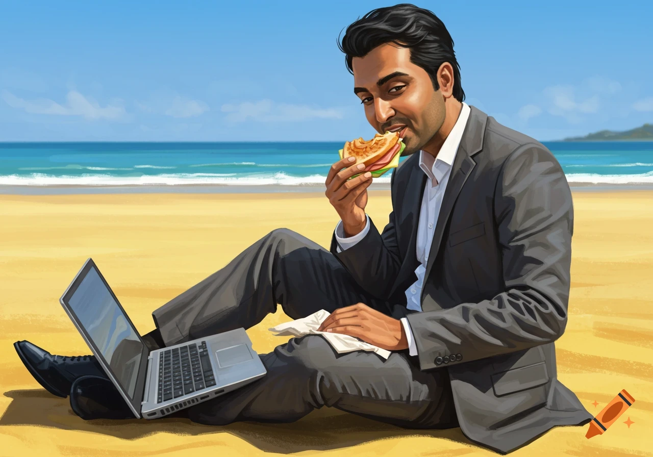 An illustrative image of an Indian man in a suit sitting on a sunny beach, eating a sandwich with a laptop beside him.