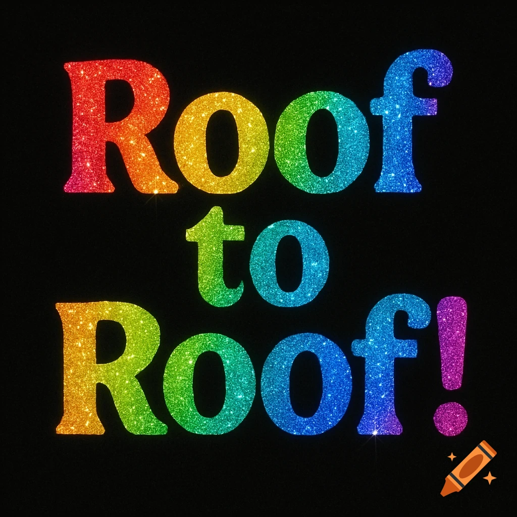 Sparkly rainbow-colored text that says 'Roof to Roof!' on a black background.