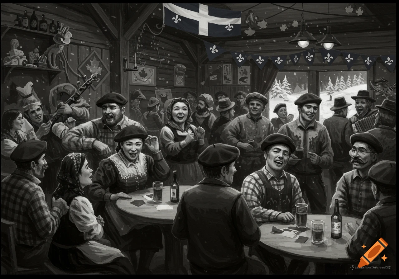 Black and white illustration of a lively Quebec party in a rustic cabin, with people celebrating, drinking, and playing music.