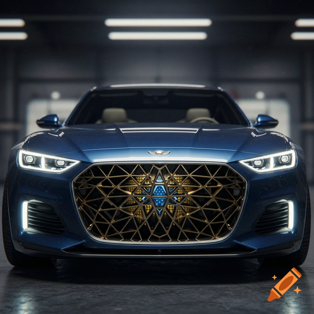 A futuristic deep blue luxury car with a detailed golden geometric front grille and bright LED headlights.