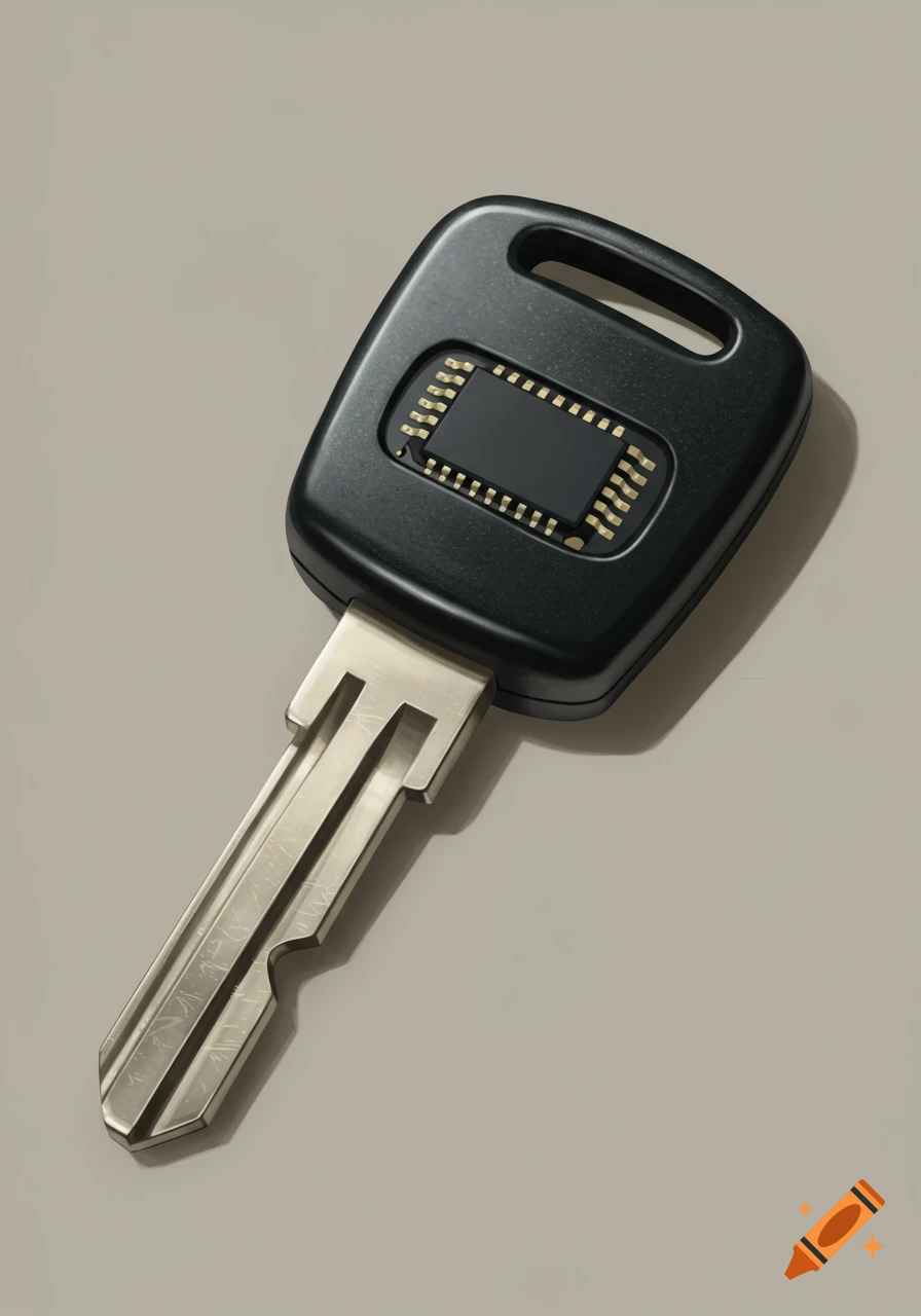 Photorealistic close-up of a black transponder car key with a visible chip on a light grey background.