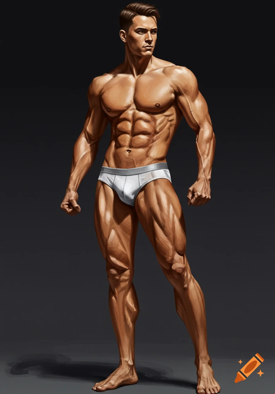 Stylized illustration of a very muscular man in white underwear, standing against a dark background.