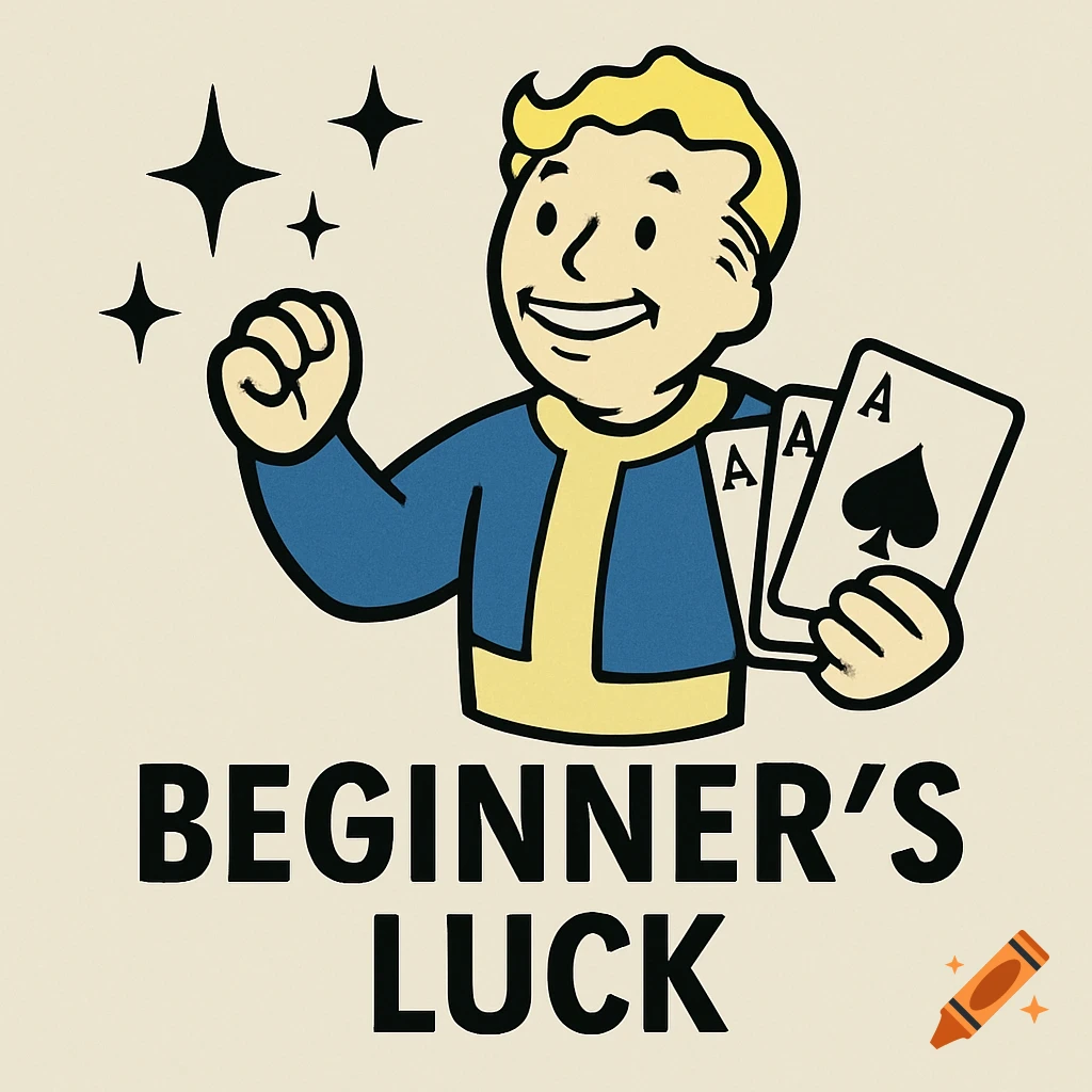 A cartoon illustration of Vault Boy from Fallout holding a hand of three aces, with sparkling stars above his raised fist. The text "BEGINNER'S LUCK" is below him.
