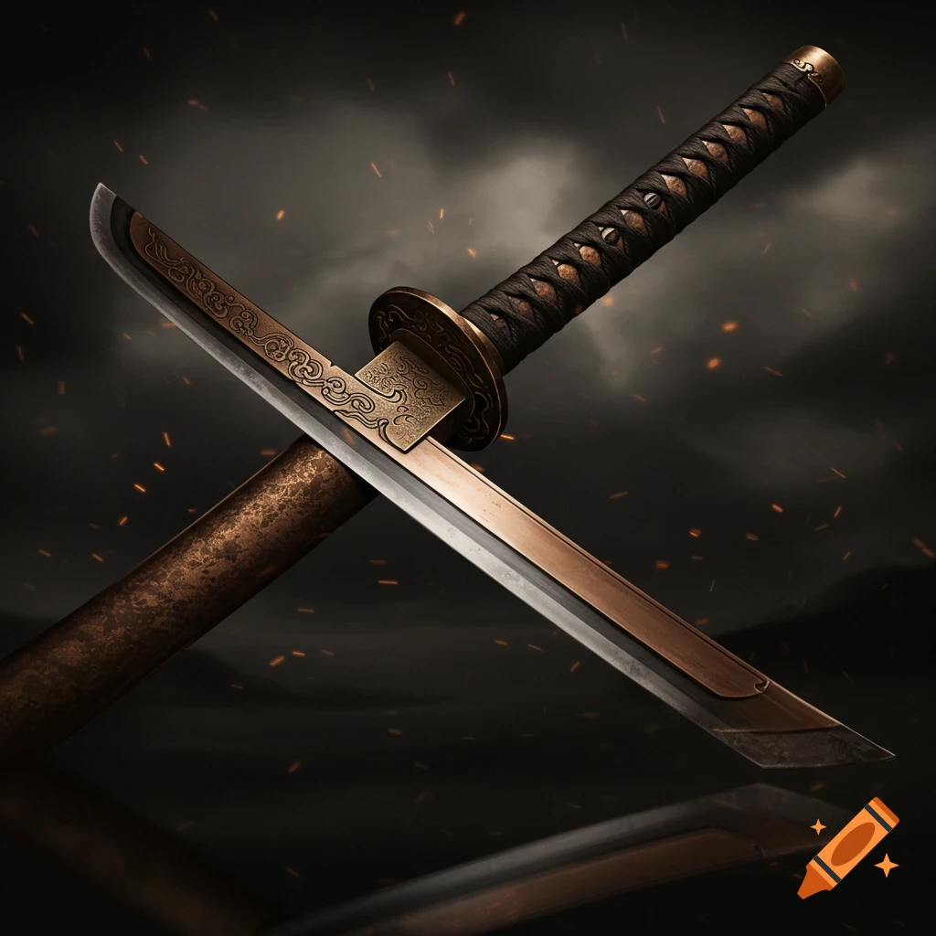 Close-up of a bronze katana and its scabbard crossed against a dark, stormy background with glowing embers, photorealistic style.
