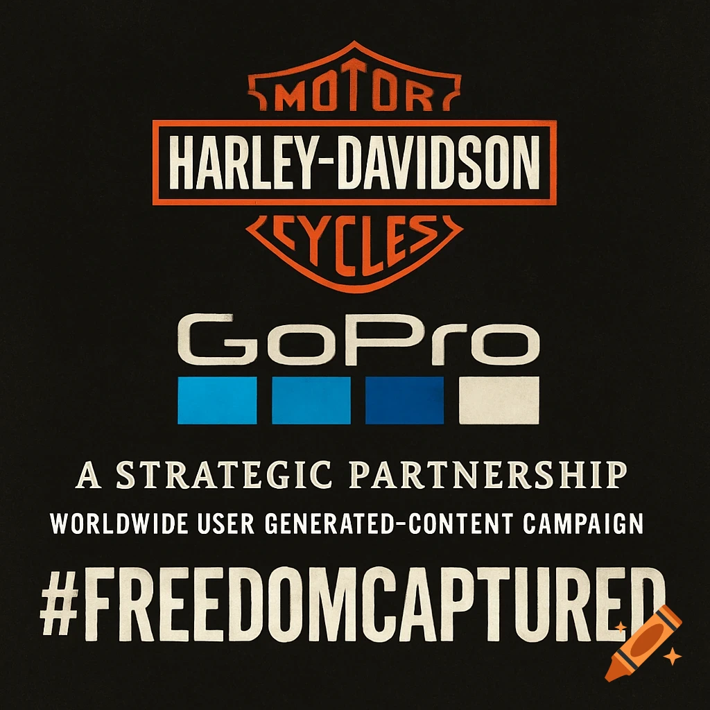 Harley-Davidson and GoPro logos with text announcing a strategic partnership and user-generated content campaign titled #FreedomCaptured.