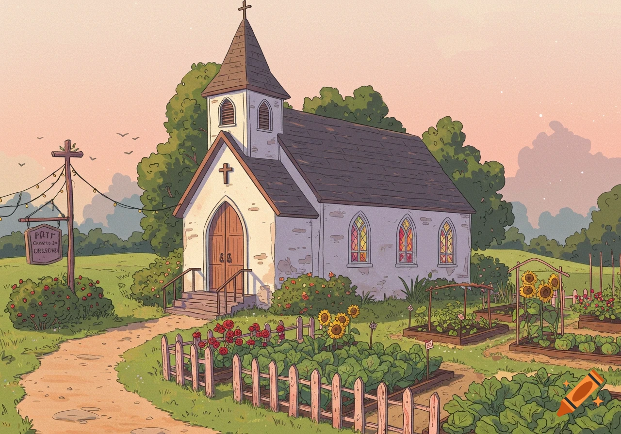 Cartoon illustration of a white church with a tall steeple and stained glass windows, next to a community garden with crops, sunflowers, and roses, under a pastel sky.
