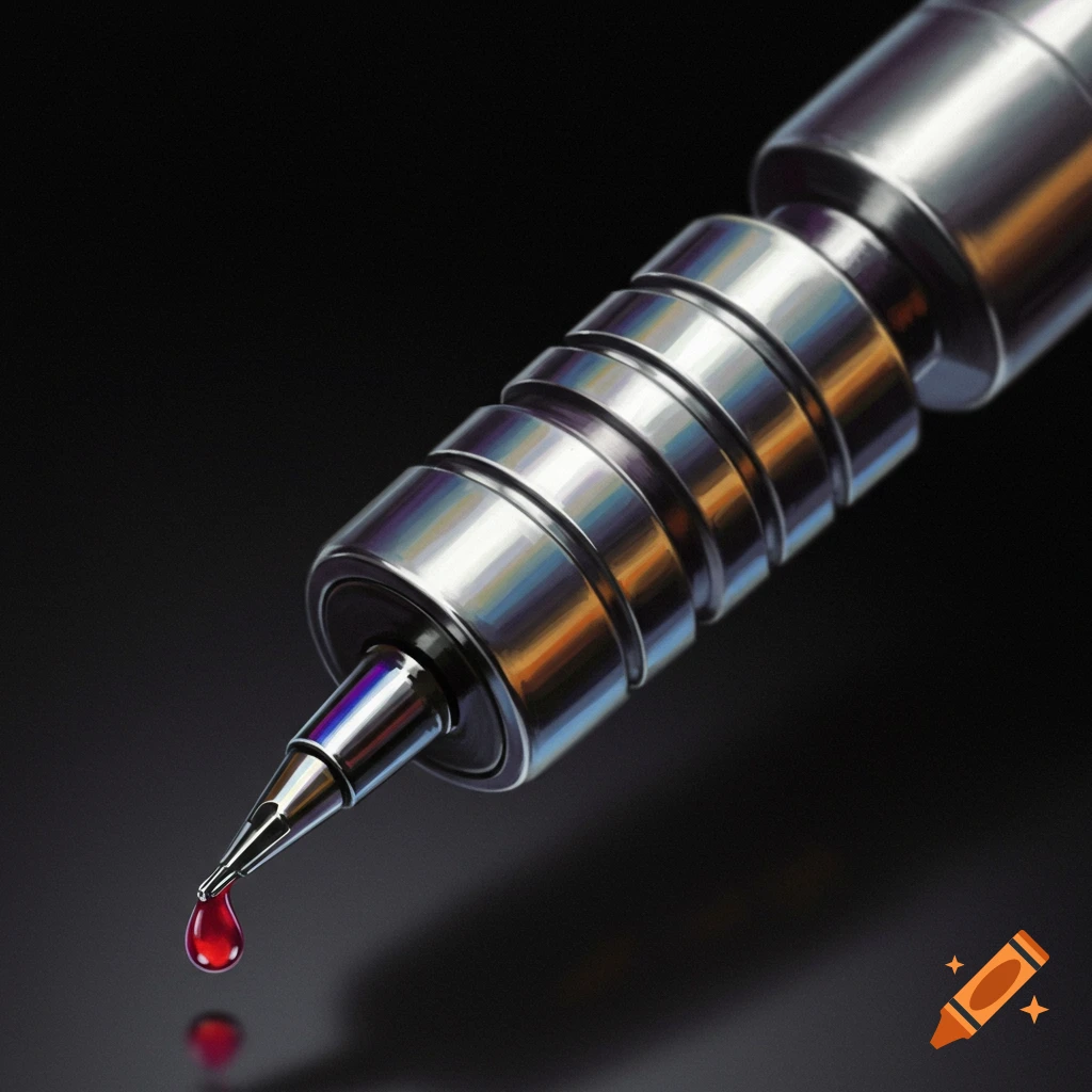 Close-up of a metallic tattoo pen with a drop of red liquid dripping from its tip on a dark background.