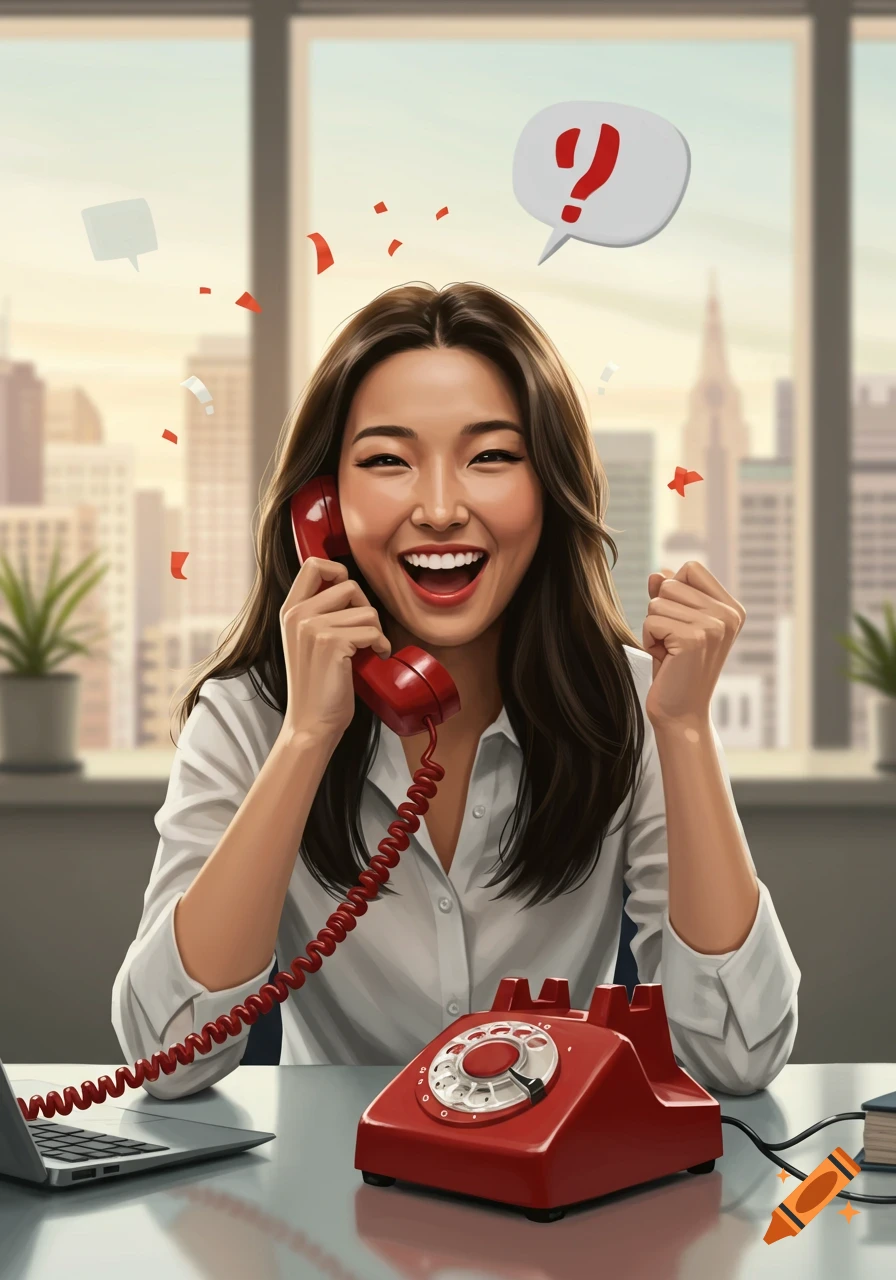 Excited woman holding a red rotary phone and making a fist, sitting at a desk with a laptop in an office.