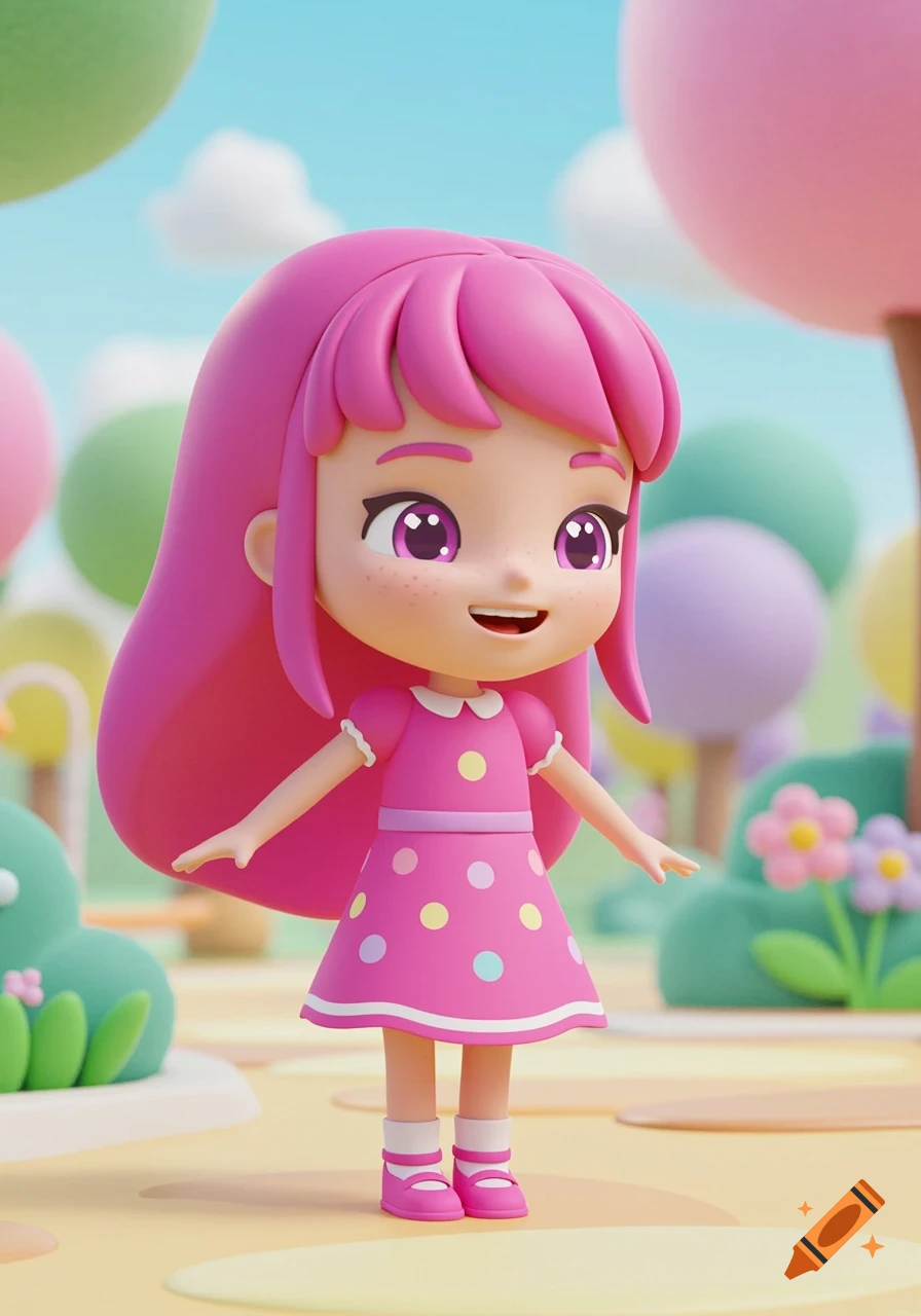 A cute cartoon girl with pink hair and a polka dot dress smiles in a vibrant, colorful park with trees.
