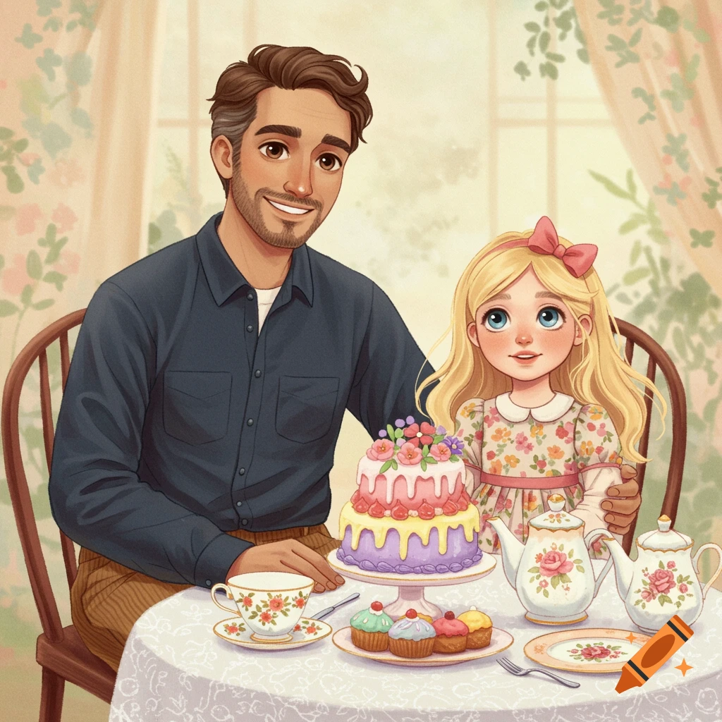 An illustrated father and daughter smile while having a tea party with cake and cupcakes.