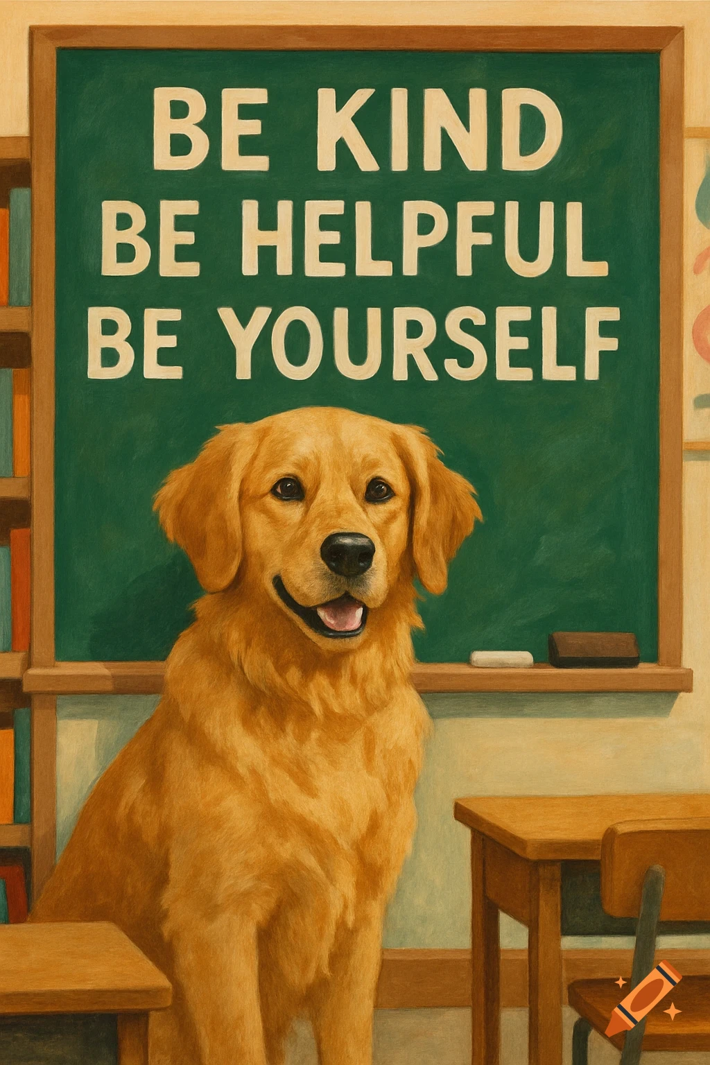 A smiling golden retriever sits in a classroom in front of a green blackboard that reads 'BE KIND BE HELPFUL BE YOURSELF'.
