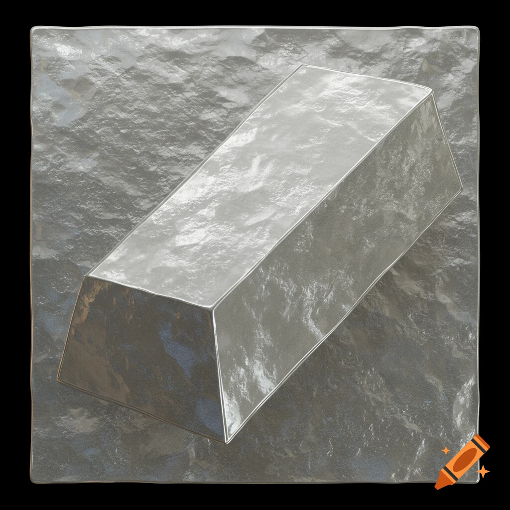 A metallic silver ingot with a rough surface, rendered against a textured silver background.