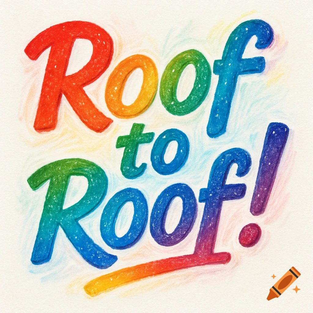 The phrase "Roof to Roof!" in rainbow-colored, textured, bubbly script with a crayon-like effect on a white background.