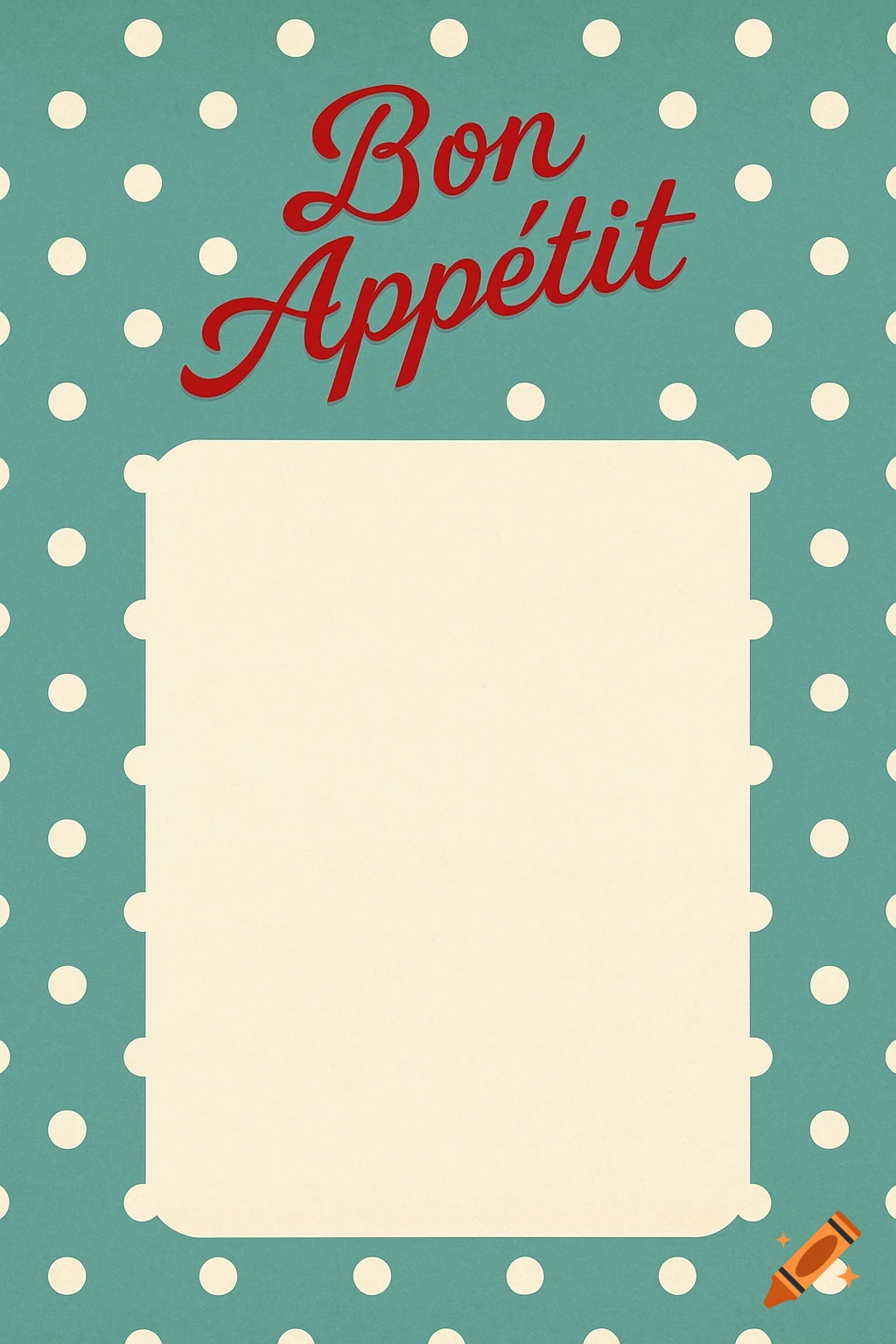 A vintage-style menu template featuring red cursive text "Bon App App étit" against a teal background with white polka dots, and a large cream-colored blank space below.