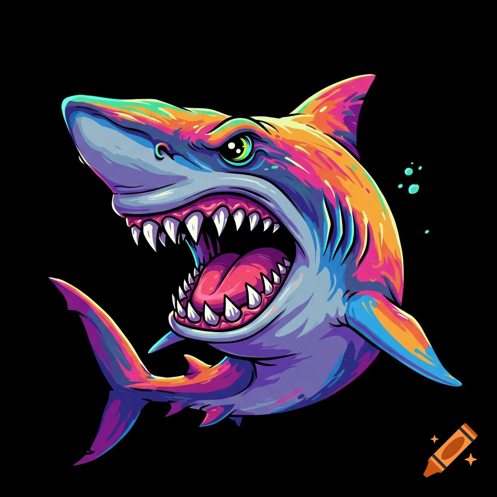A vibrant, colorful cartoon shark with an open mouth and sharp teeth, on a black background.