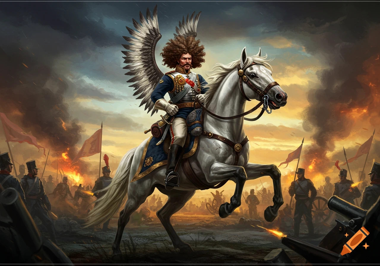A winged Hussar with a large curly perm rides a white horse through a fiery, smoke-filled battle scene.