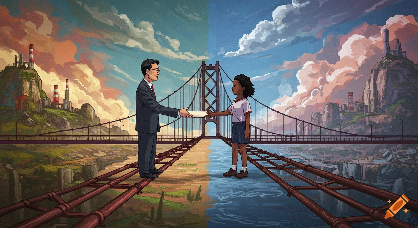 Two people exchange a document on a bridge over contrasting industrial and natural landscapes in an illustrative style.