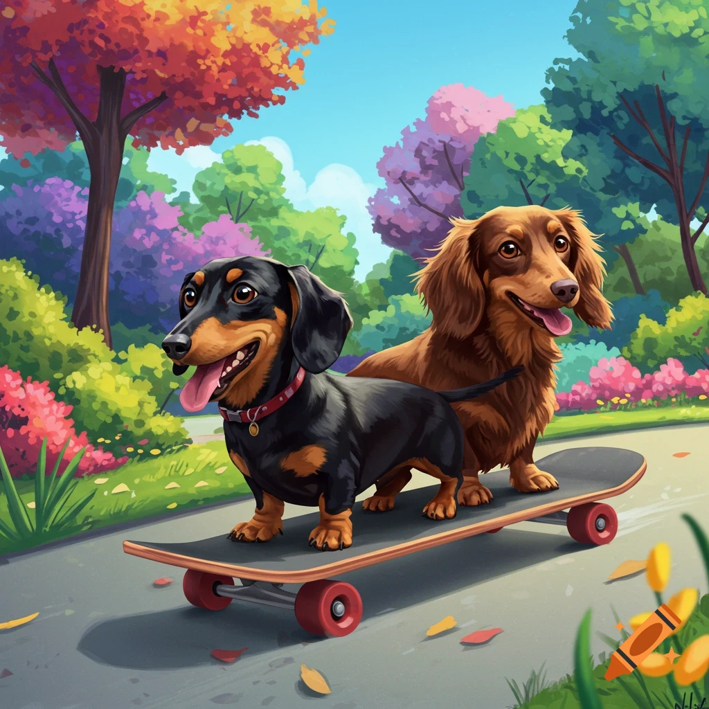 Two happy dachshund dogs, one black and tan and one brown, riding a skateboard in a colorful park. Digital art.