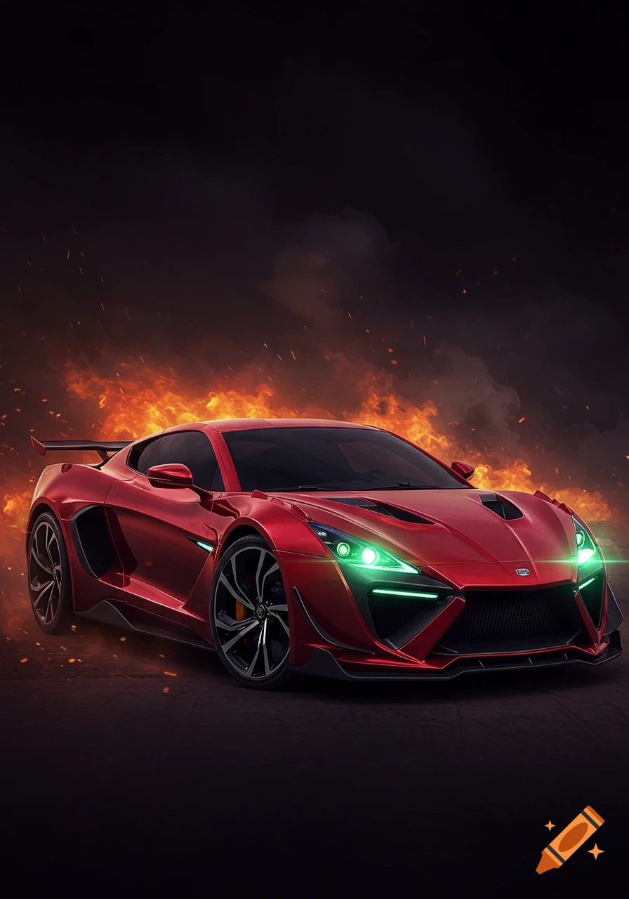 A sleek red sports car with vibrant green headlights stands amidst roaring flames and embers on a dark ground.