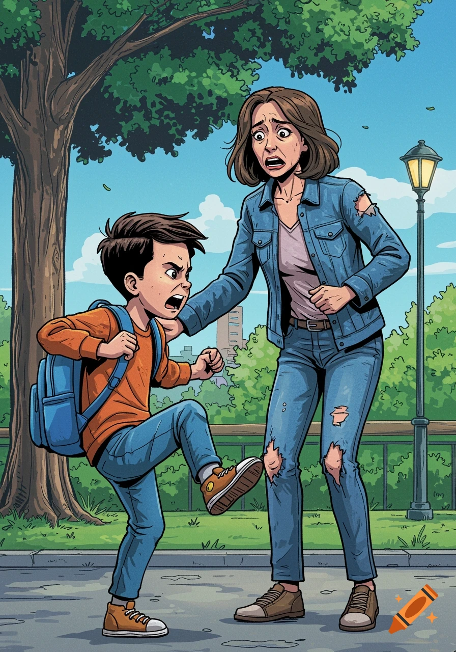 A cartoon illustration of an angry boy in a park, kicking at his distressed mother who recoils in fear.