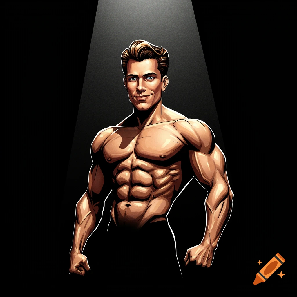 A stylized illustration of a very muscular man with blond hair and blue eyes, shirtless, standing in a spotlight.