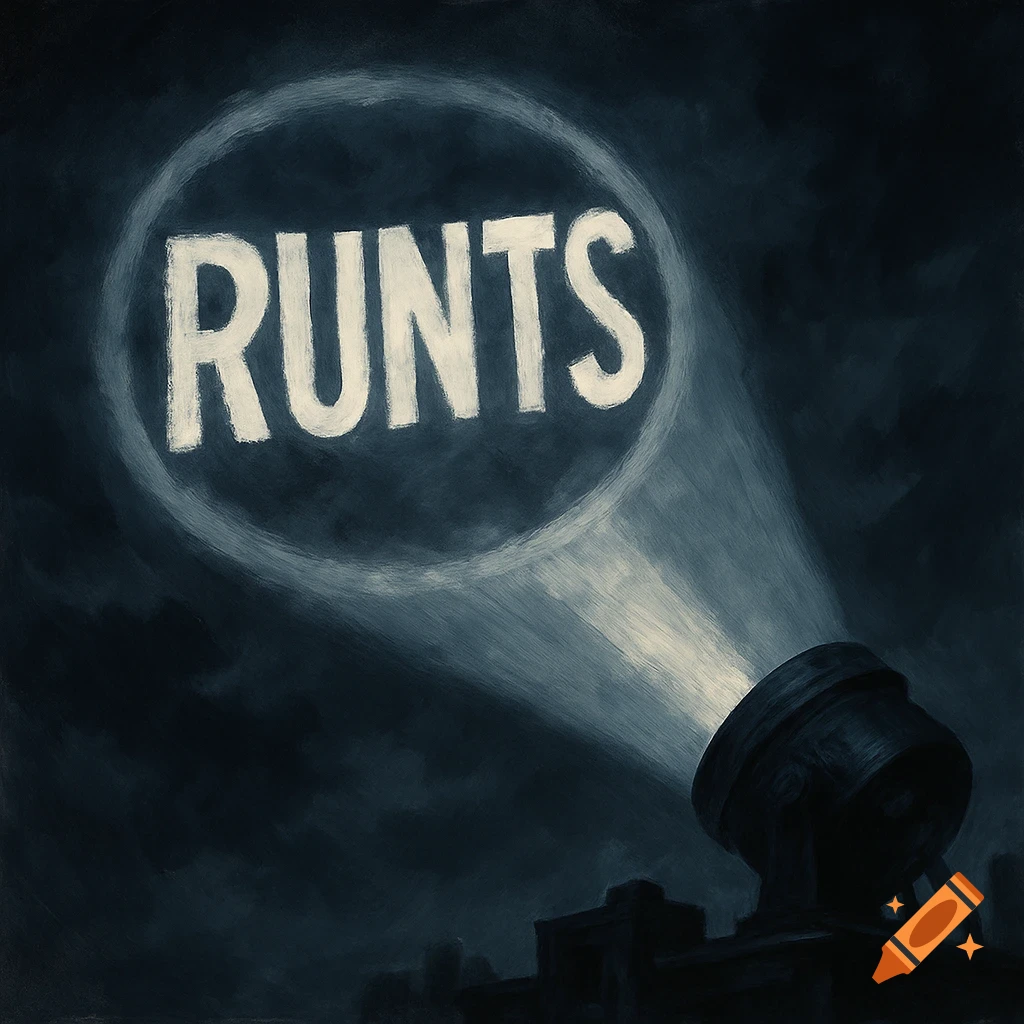 A spotlight beam shines up into a dark, cloudy sky, illuminating the bold, white word "RUNTS" within a circular shape. The style is a dark, textured digital painting.