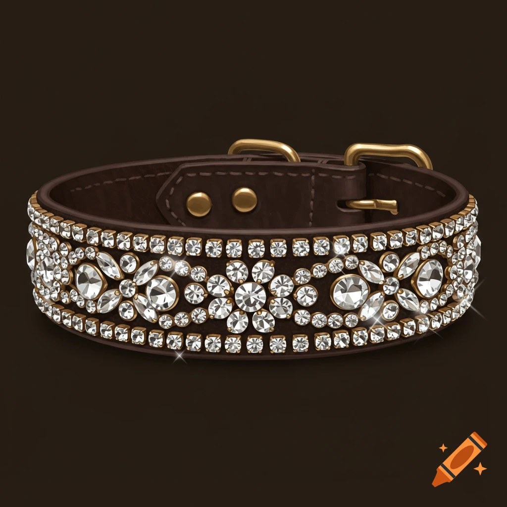 A realistic brown leather dog collar adorned with sparkling clear rhinestones and a gold buckle on a dark background.
