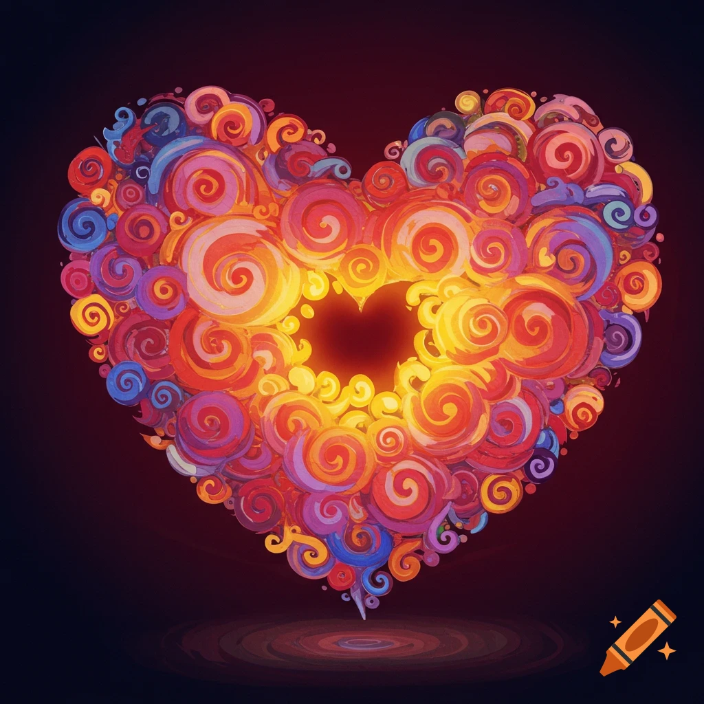 A colorful, swirling heart illustration with a bright, glowing center on a dark background.