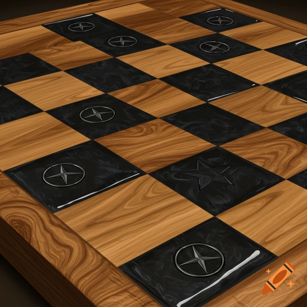 A close-up, photorealistic view of an epoxy and wood chess board with metallic Mercedes-Benz stars embedded on the dark squares.
